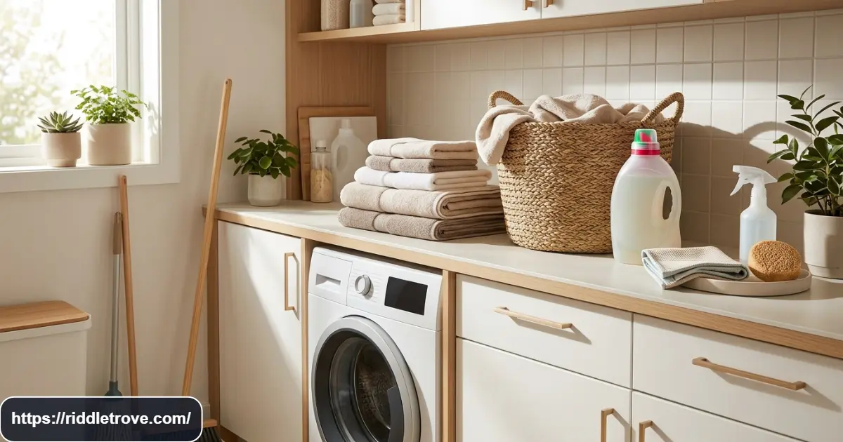 Cleaning and laundry riddles featuring common household cleaning tools and laundry items