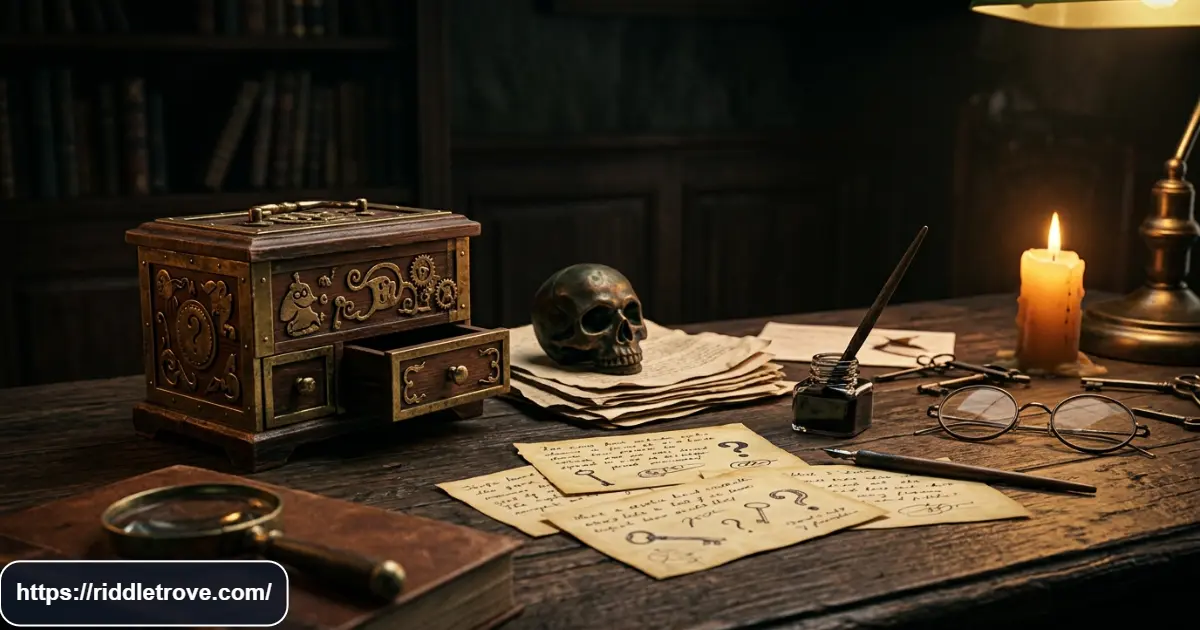 Clever dark humor riddles with a mysterious puzzle box and spooky clues