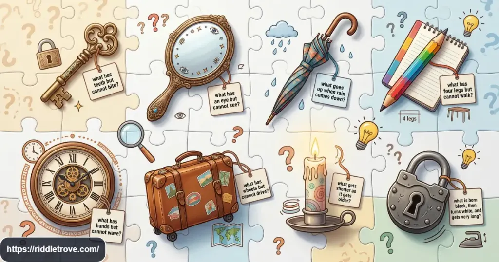 Clever everyday object riddles featuring keys, mirrors, clocks, pencils, locks, and other familiar items