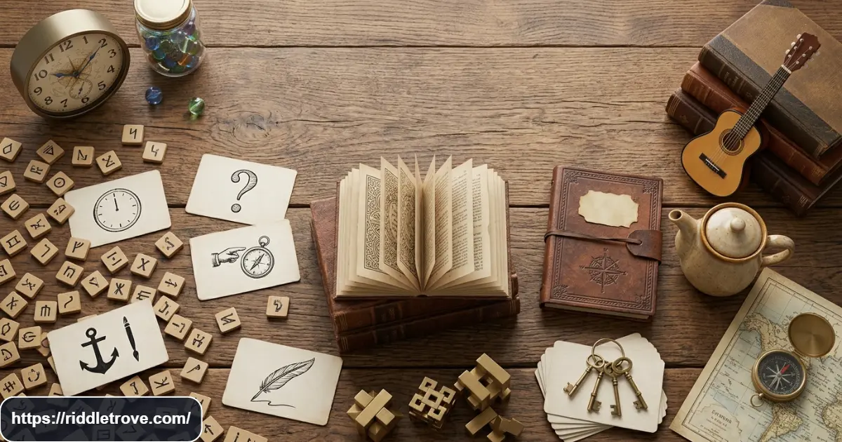 Letters and everyday objects arranged for clever wordplay riddles