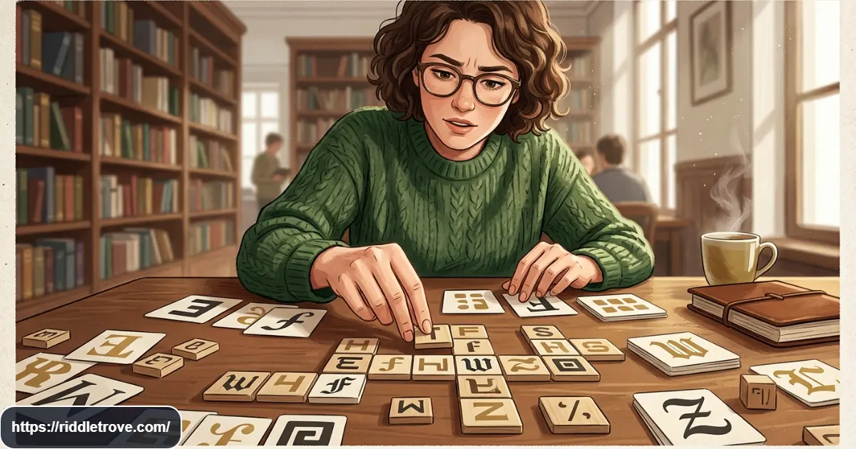Reader solving a clever wordplay riddle using letters and a puzzle card