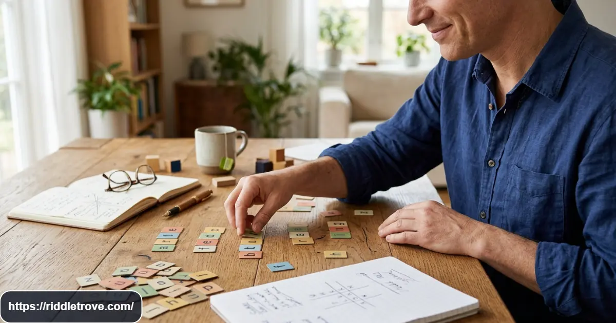 Person solving a clever wordplay riddle with letters and puzzle cards