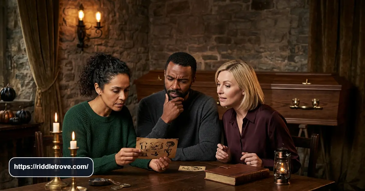 Adults solving a spooky coffin riddle puzzle together