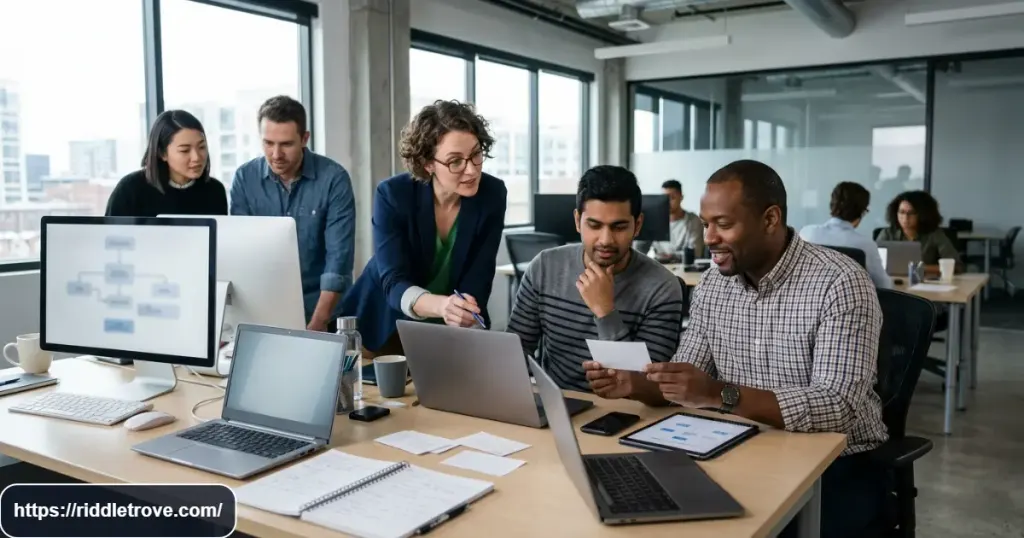Coworkers solving computer and technology riddles in a modern office