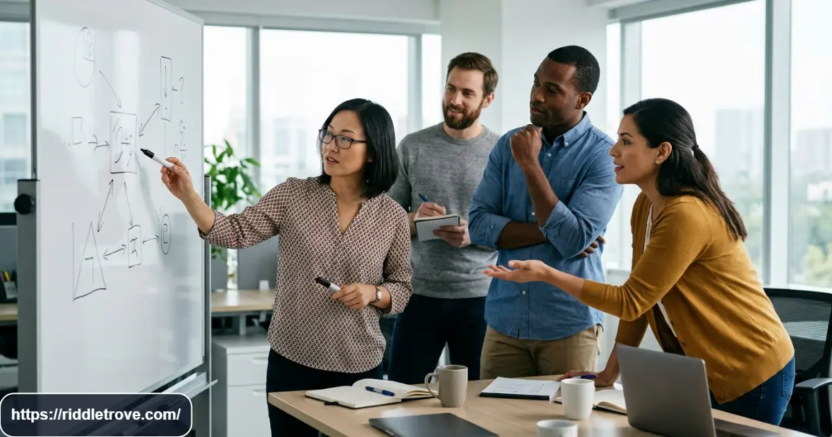 Office coworkers working together to solve clever riddles during a team activity