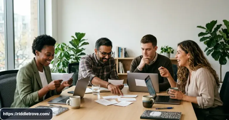 Coworkers solving short work riddles together during a fun office team challenge