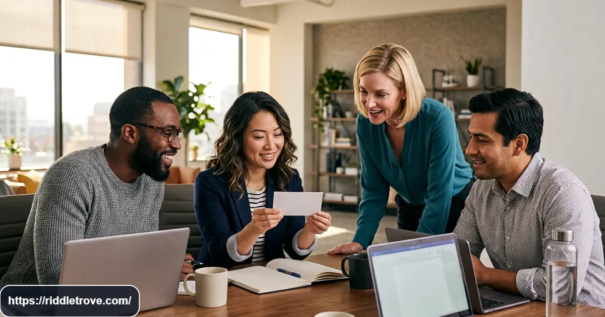 Coworkers solving fun workplace riddles together during an office meeting