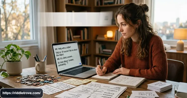 Person brainstorming a clever riddle with AI clues and answers on a screen