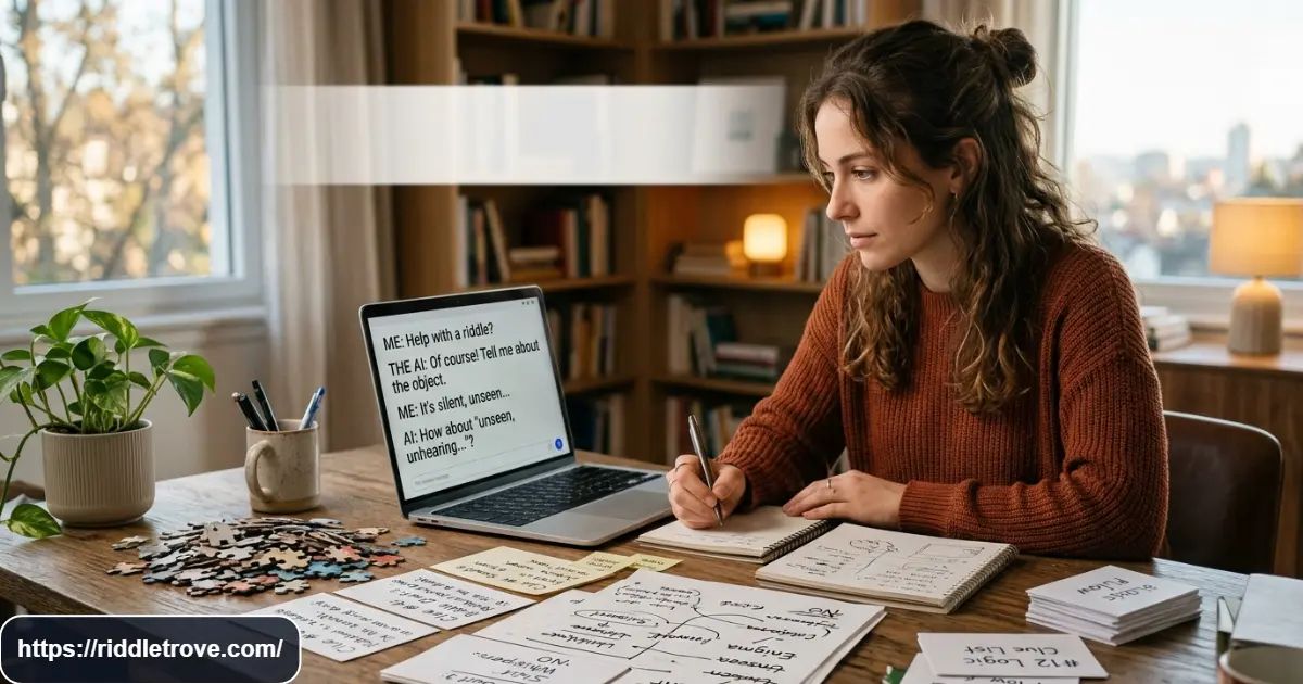 Person brainstorming a clever riddle with AI clues and answers on a screen