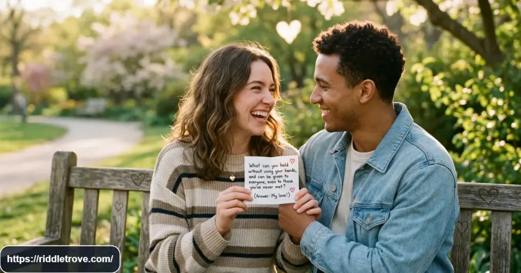 Couple smiling while solving cute love riddles together