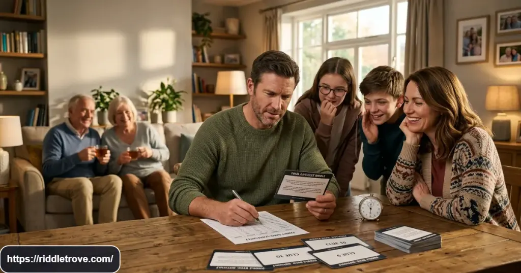 Dad facing a final difficult riddle challenge with his family