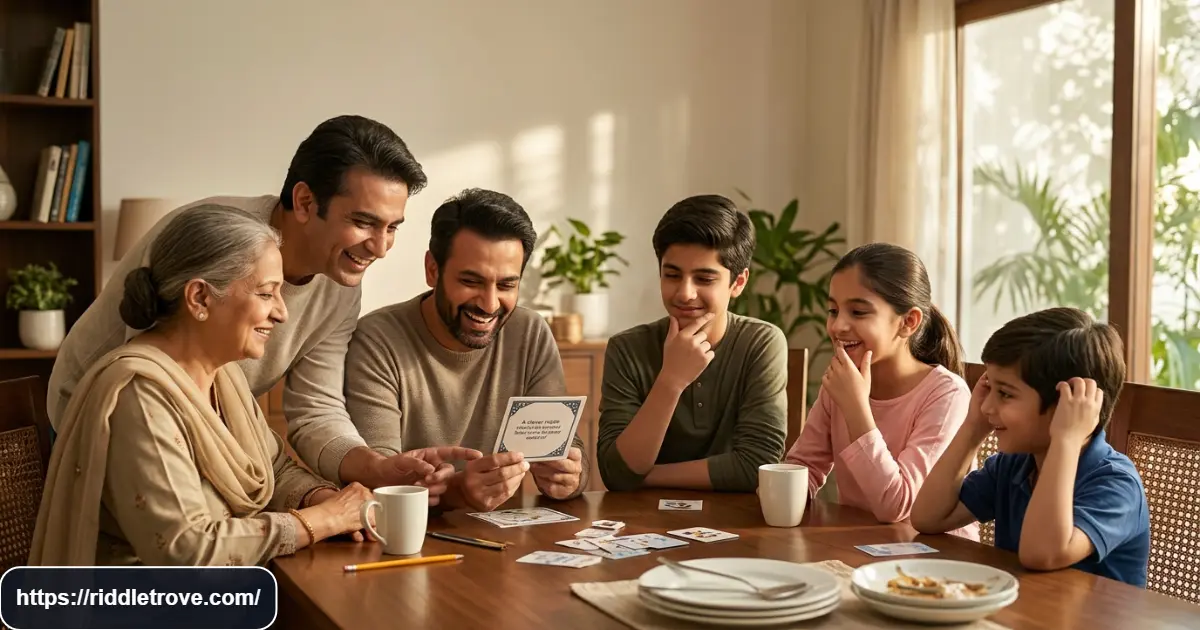 Dad and family solving funny riddles together during a game night