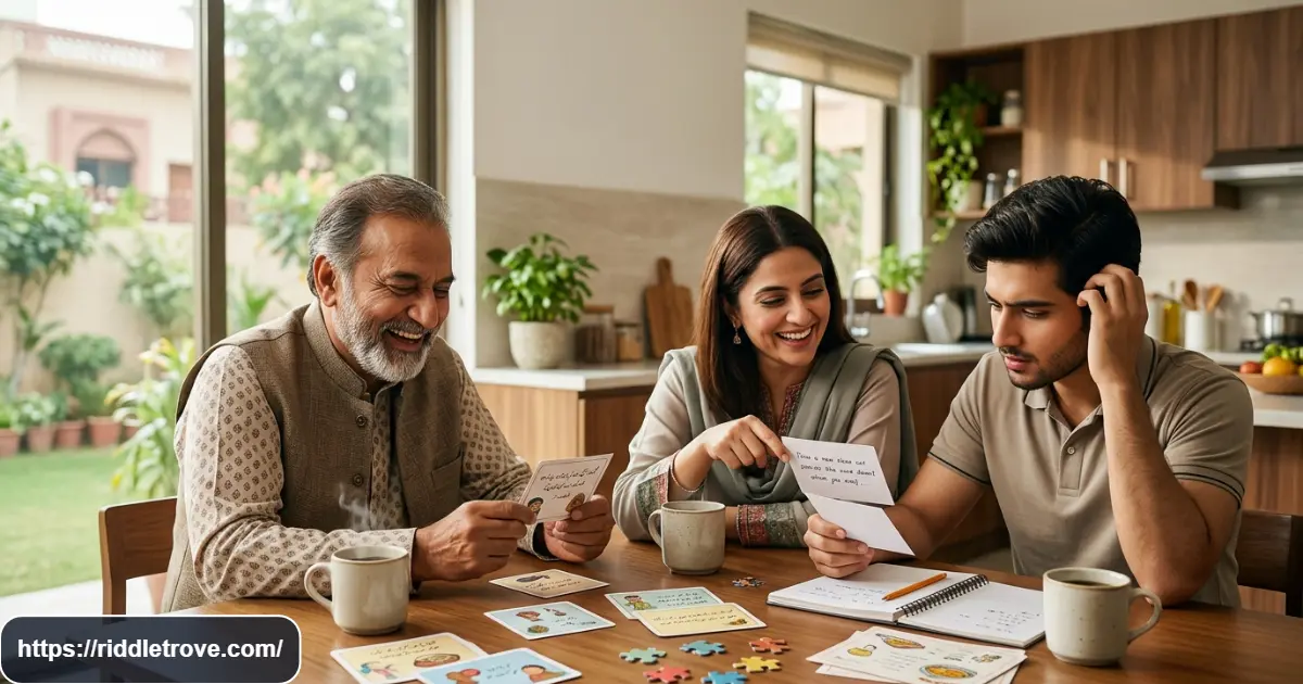 Adults solving clever dad riddles together around a kitchen table