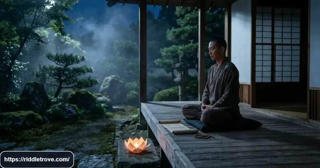 Person meditating beside a Zen temple with a glowing lotus under moonlight