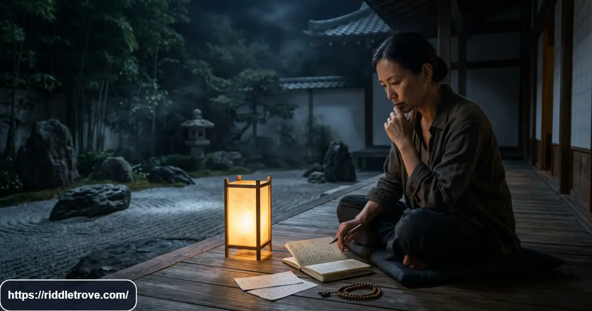 Thoughtful person facing a deep Zen riddle in a moonlit meditation setting