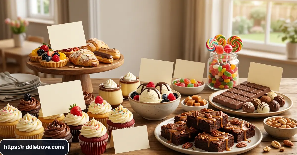 Desserts and sweet treats arranged for a fun food riddle challenge