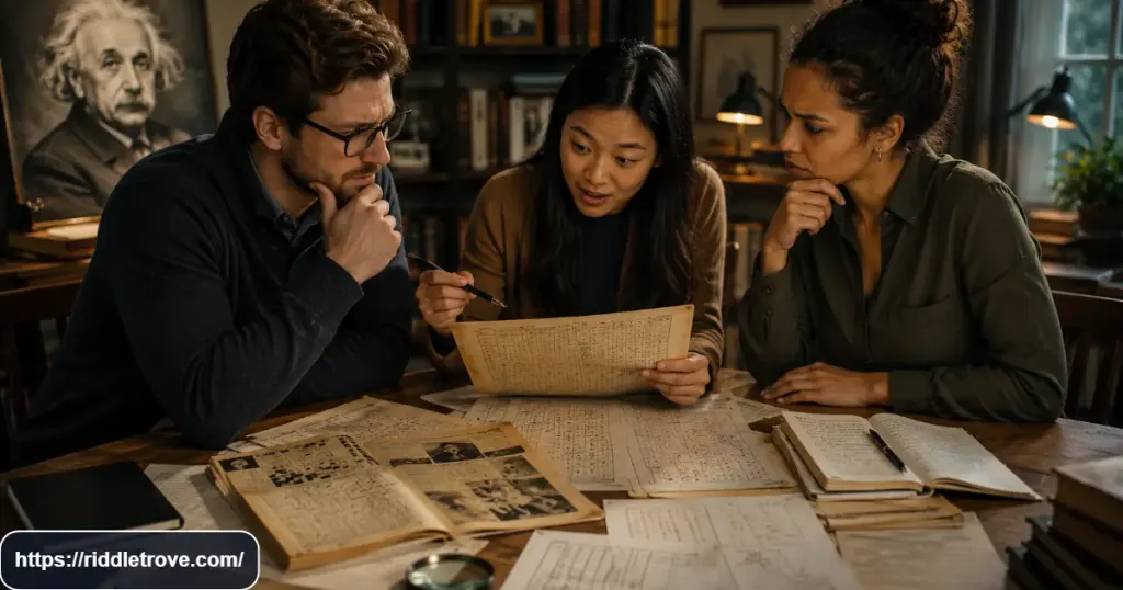 Adults discussing the history and disputed authorship of Einstein's Riddle