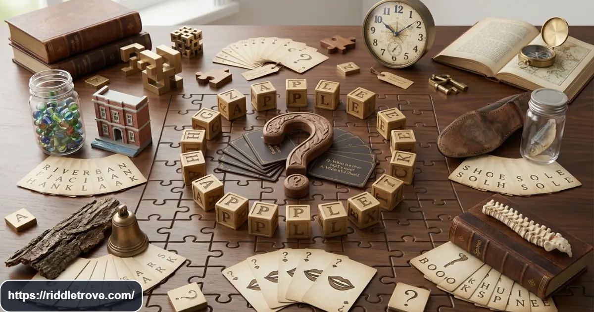 Double-meaning word riddles using clever objects and language clues