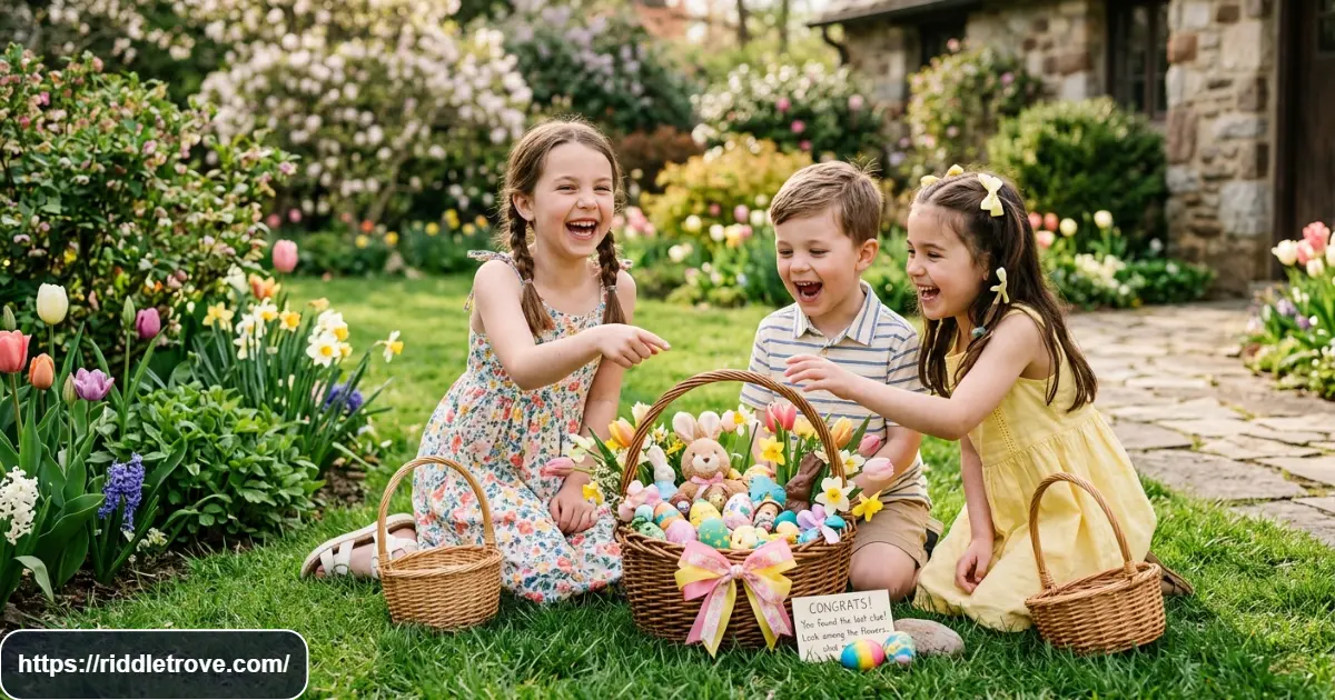 Children discovering an Easter basket after solving the final hunt clue
