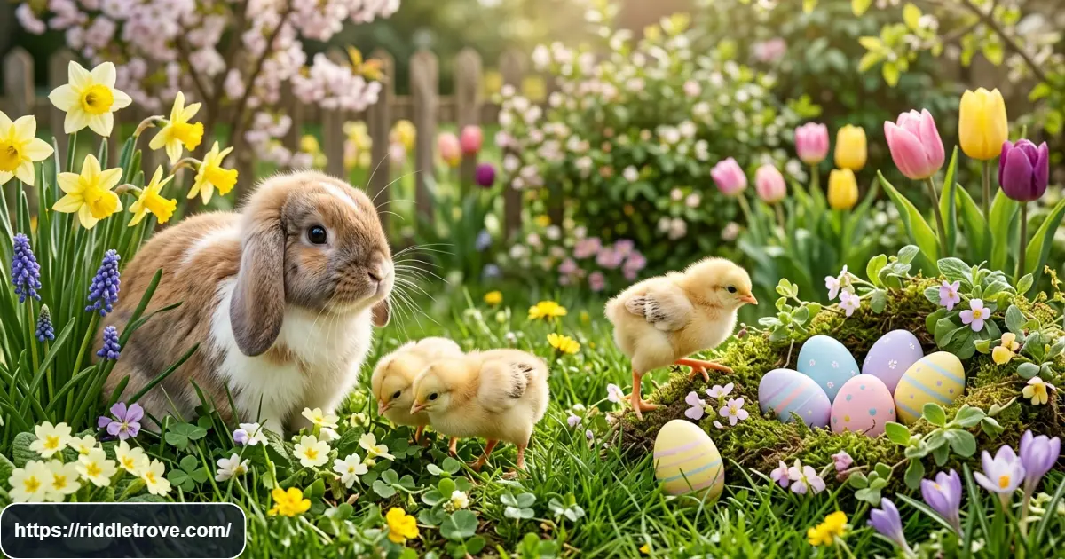 Easter bunny and chicks in a spring garden