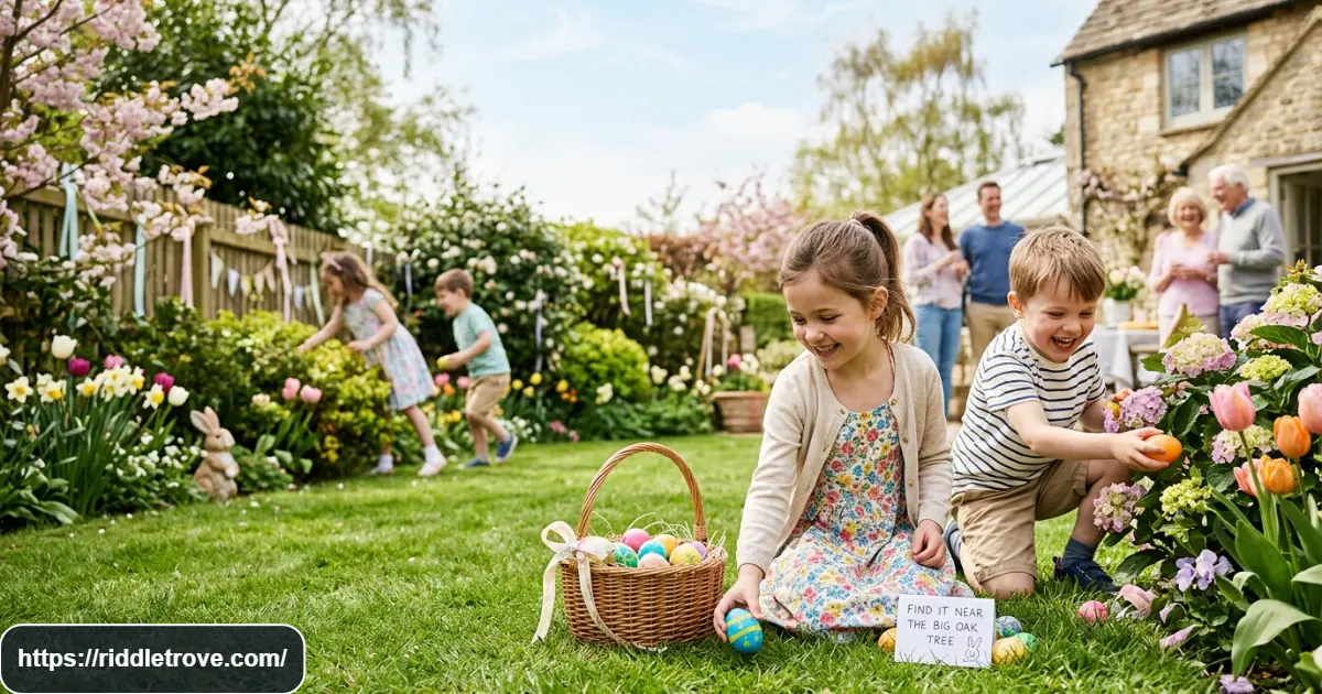 Children solving Easter egg hunt riddles beside colorful eggs in a spring backyard