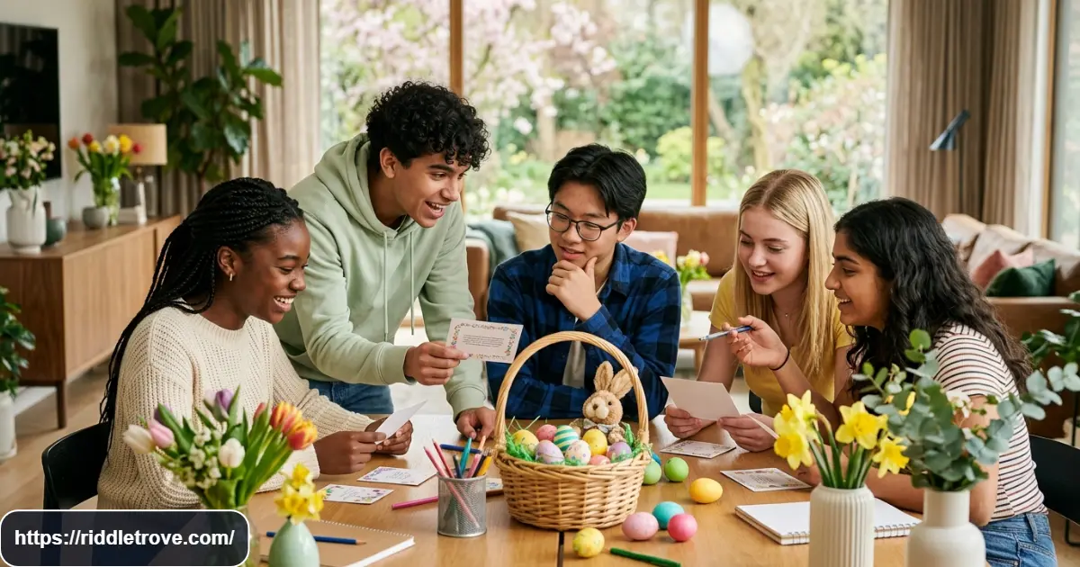 Teenagers solving clever Easter riddles with colorful eggs and puzzle clues