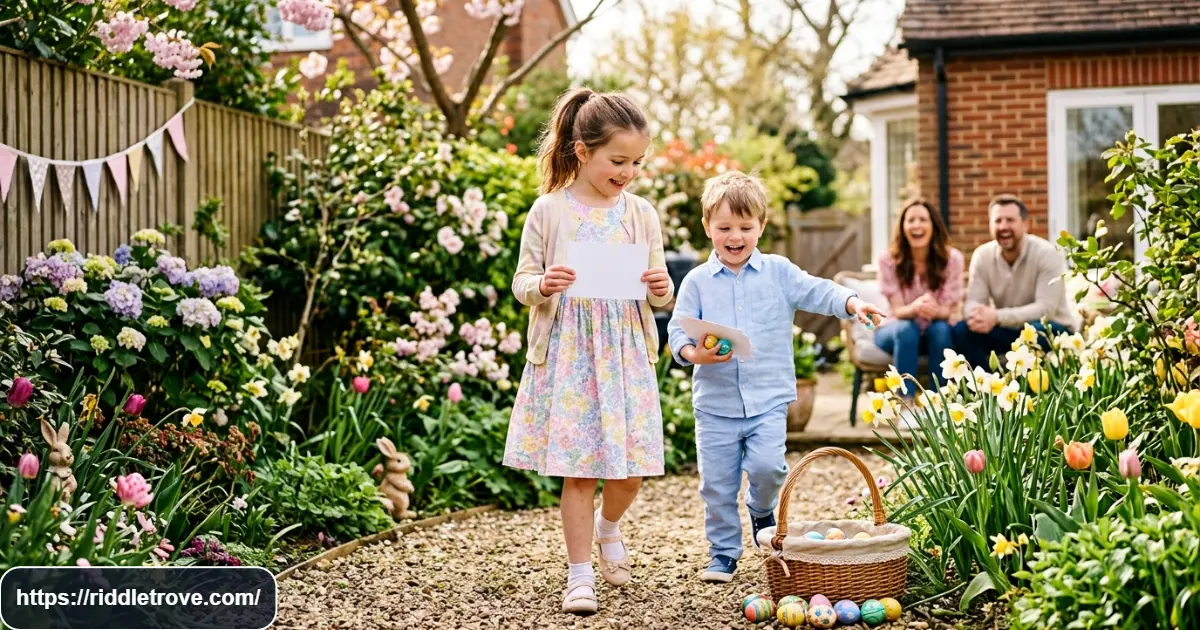 Children solving Easter scavenger hunt clues beside colorful eggs and a basket