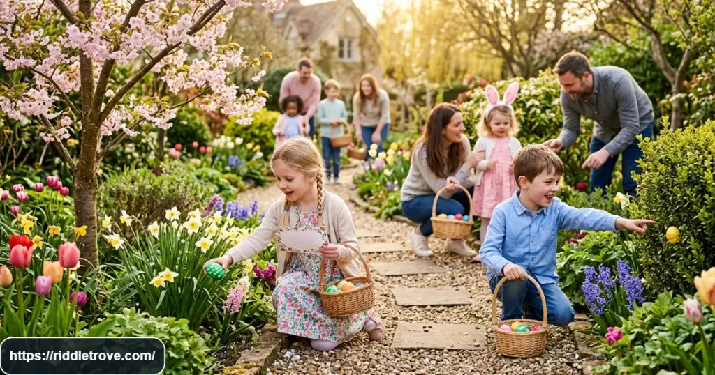 Children solving Easter scavenger hunt riddles while searching for hidden eggs