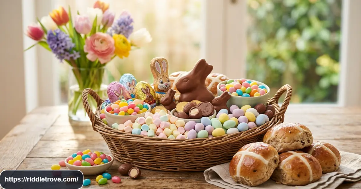 Easter food and candy with colorful jelly beans, chocolate treats, and pastel eggs