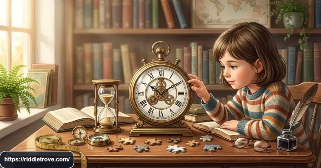 Classic clock surrounded by simple time riddle puzzle clues