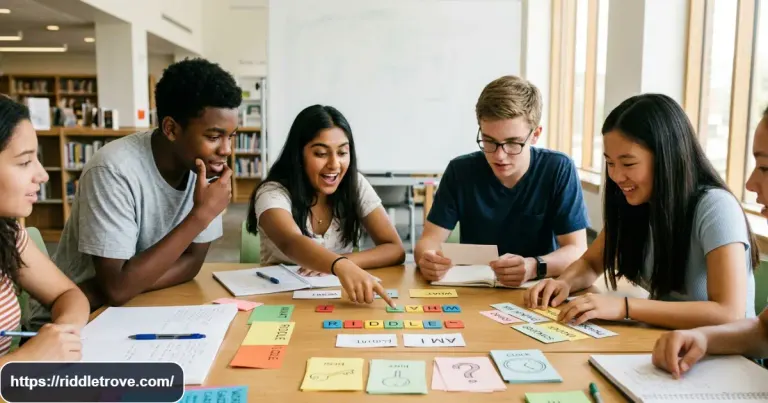 English riddles with answers shown as clever puzzle cards and letter clues