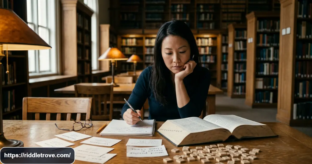 Vocabulary riddles displayed on cards beside an open English dictionary