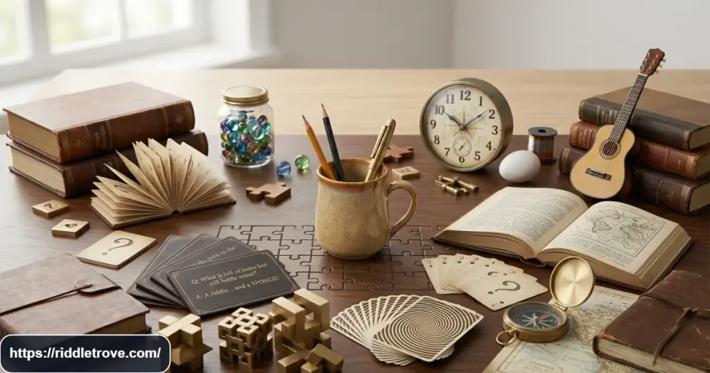 Collection of everyday objects used for short What Am I riddles
