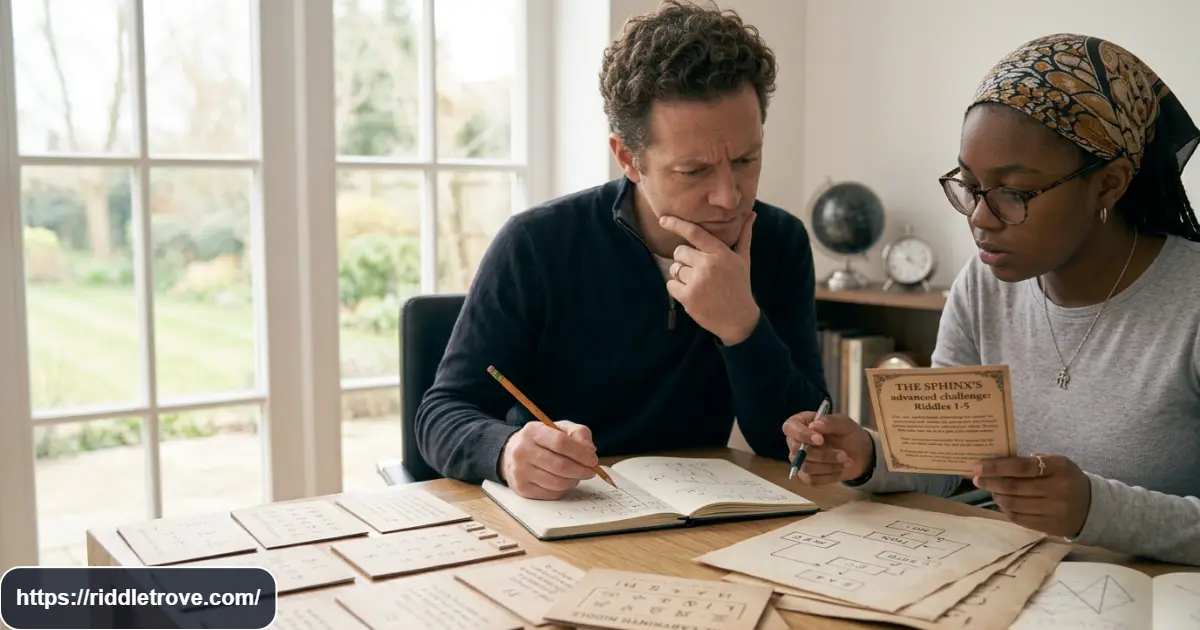 Adult solving an advanced riddle puzzle with logic notes and numbered clues