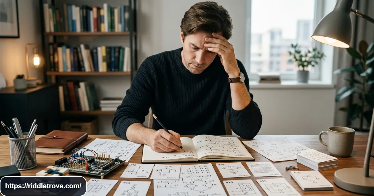 Person solving an extremely challenging logic puzzle at a desk