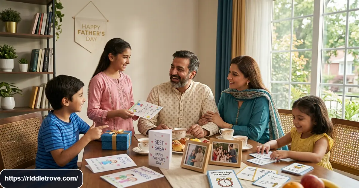 Family enjoying Father’s Day dad riddles around a festive dining table