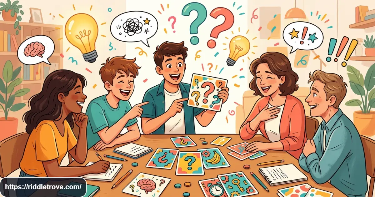 Famous funny riddles with playful brain-teaser cards and laughing people