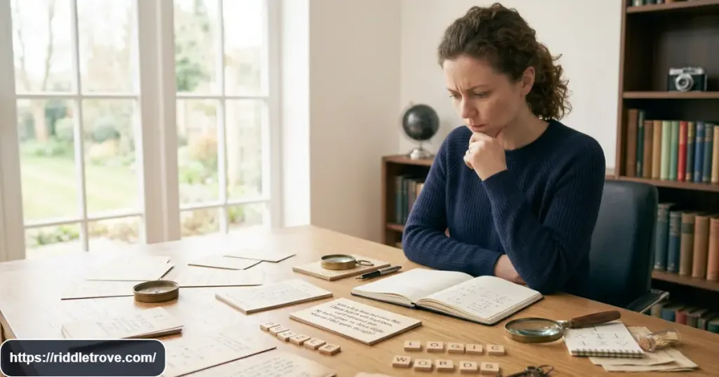 Person solving famous hard riddles with classic puzzle cards and clues
