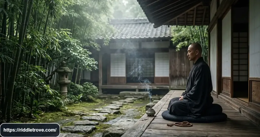 Zen monk meditating beside an ancient temple garden with bamboo and stone paths