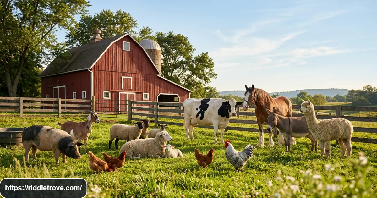 Farm animals including a cow, horse, pig, sheep, chicken, goat, and alpaca near a red barn