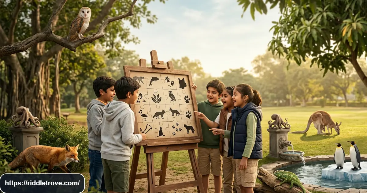 Kids solving challenging animal riddles with diverse animals and puzzle clues
