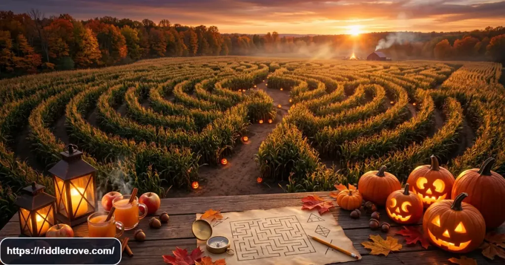 Autumn challenge scene with a corn maze, pumpkins, leaves, and acorns