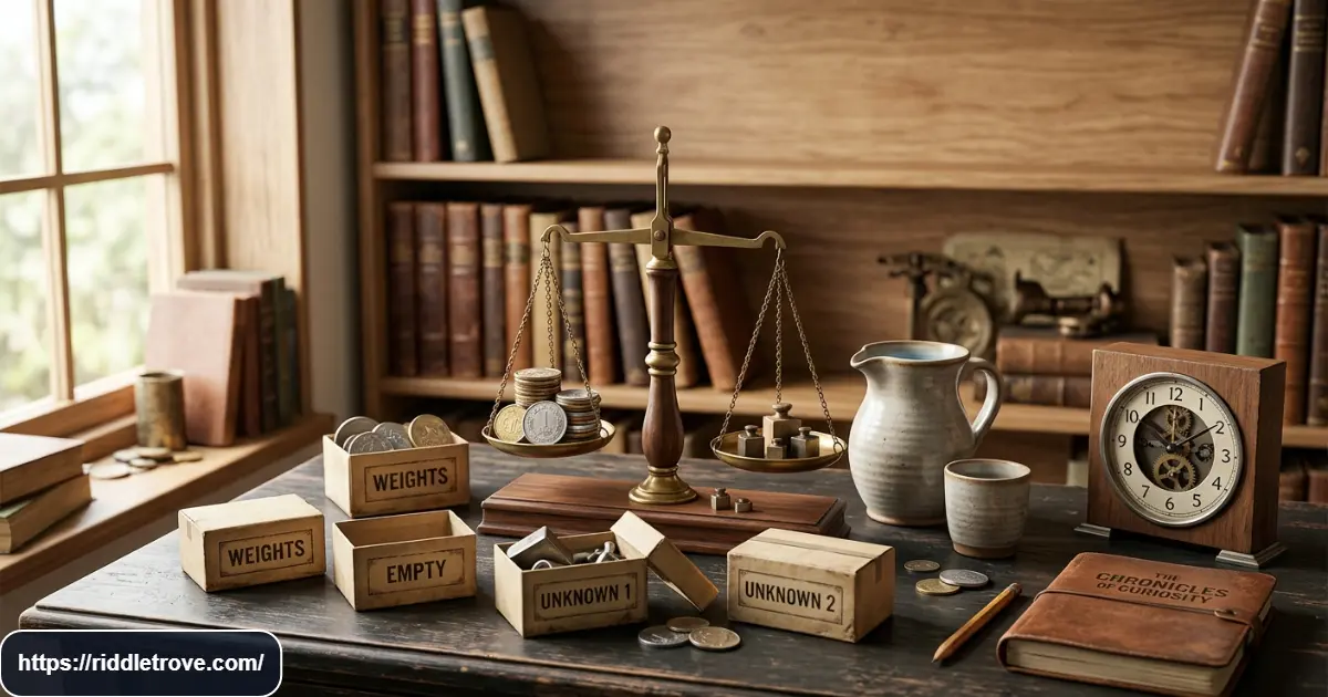 Challenging logic puzzle setup with objects arranged for a final riddle challenge