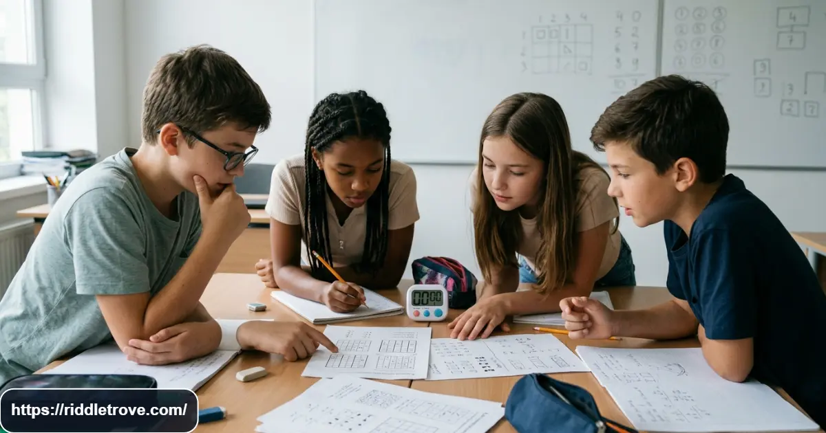 Middle school students tackling difficult final brain teasers together