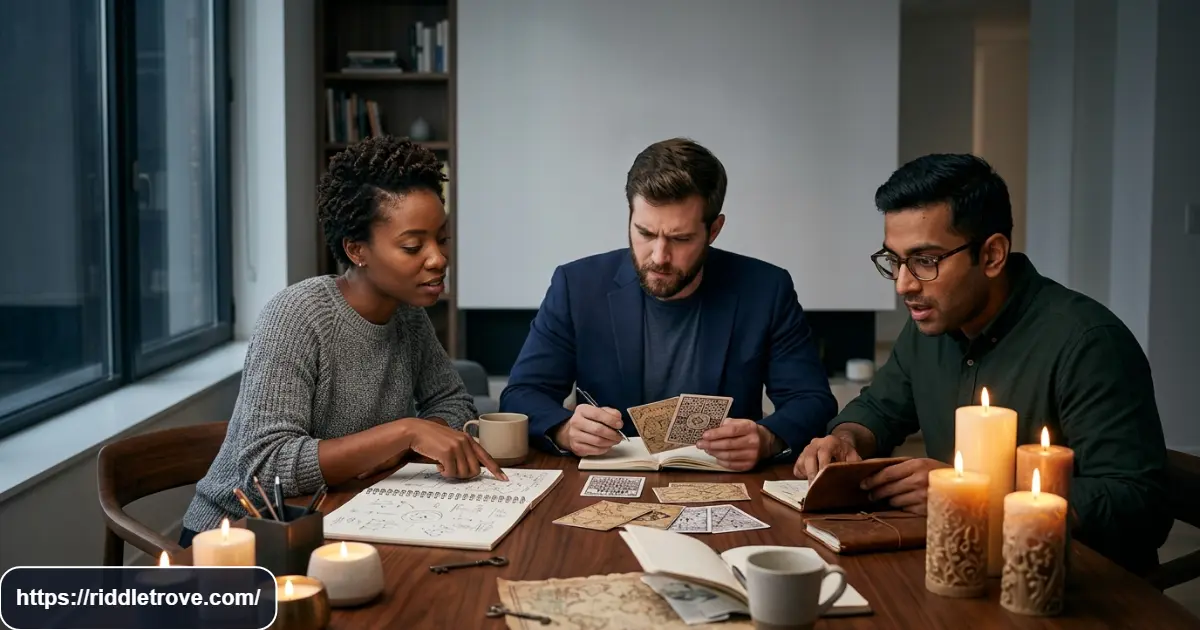 People solving challenging candle riddles with glowing candles, puzzle cards, and notebooks