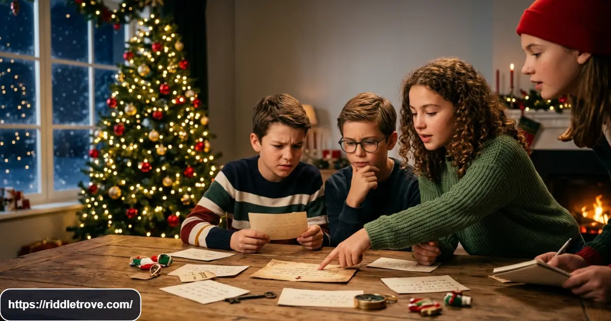 Kids solving a difficult final Christmas riddle challenge together