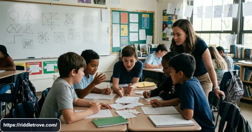 Students competing to solve a difficult final classroom riddle