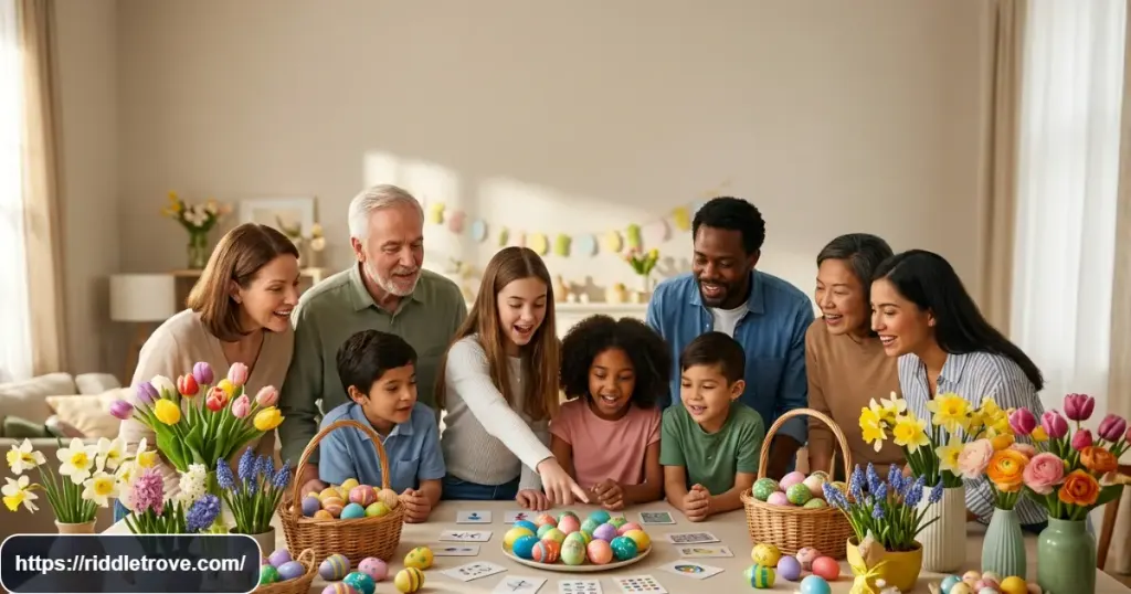 Premium editorial 16:9 scene of a diverse group of families and older children gathered around a festive Easter table, solving a final challenging riddle together, colorful Easter eggs, baskets, spring flowers, subtle puzzle cards, expressions of excitement and discovery, warm natural lighting, realistic anatomy, polished magazine photography, clean composition with generous negative space, no readable text, logos, or watermark.