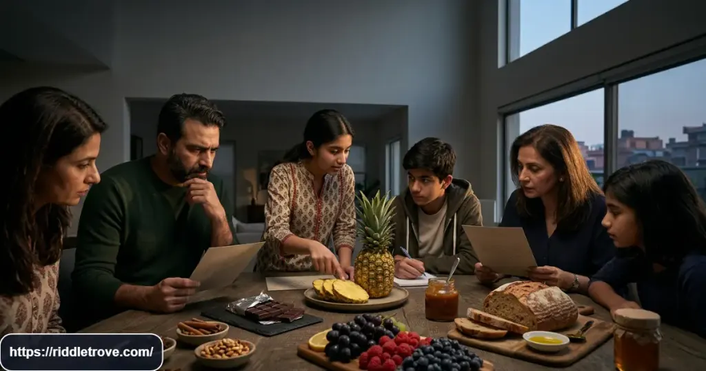 Teens and adults competing to solve a difficult food riddle challenge