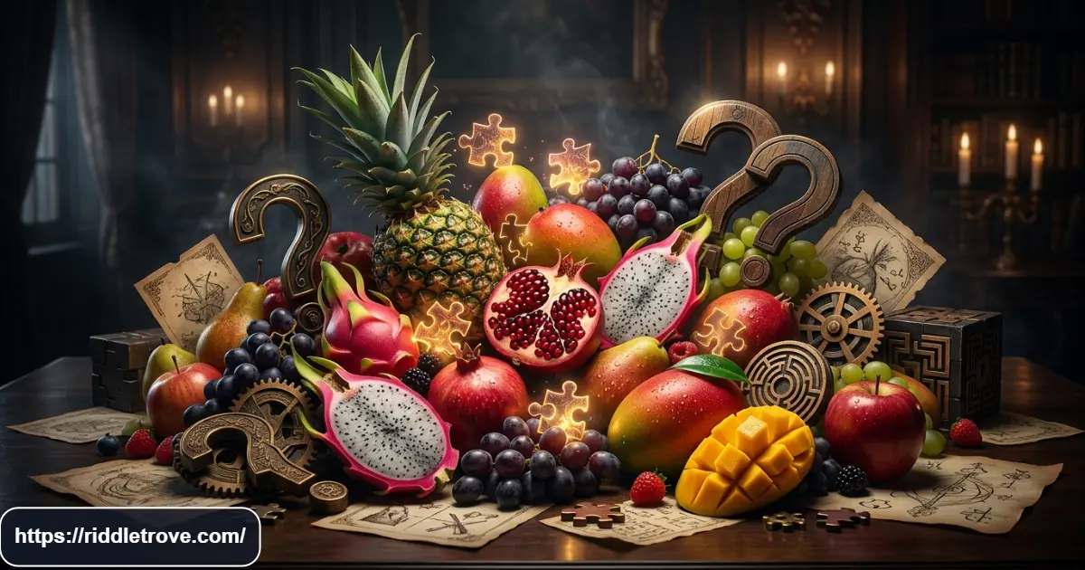 Challenging fruit puzzle with colorful fruits and question marks for a final riddle challenge